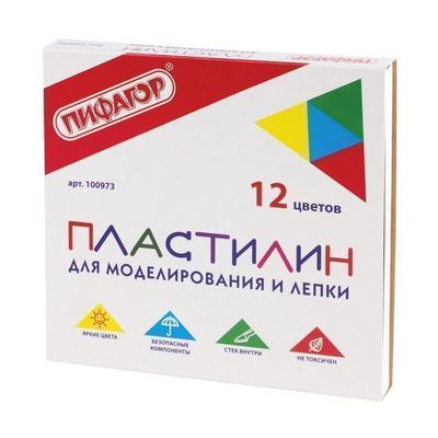 Пластилин классический ПИФАГОР, 12 цветов, 240 г, со стеком, картонная упаковка