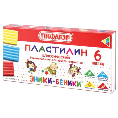 Пластилин классический ПИФАГОР, 6 цветов, 120 г, со стеком, картонная упаковка, 100970